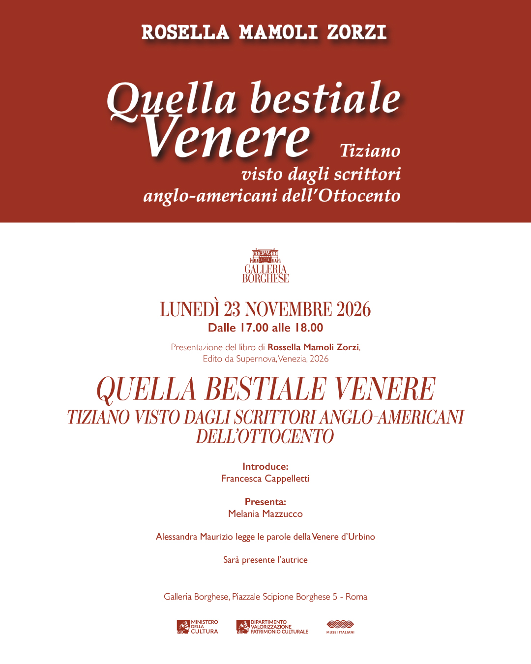 PRESENTAZIONE VOLUME: “QUELLA BESTIALE VENERE. TIZIANO VISTO DAGLI SCRITTORI ANGLO-AMERICANI DELL’OTTOCENTO”